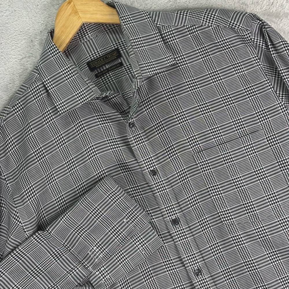 Donald J. Trump Mens Plaid Dress Shirt Black White Houndstooth Non Iron 17 32/33